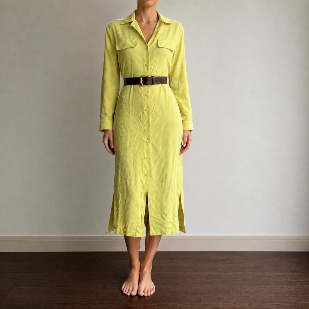Vintage 100% SILK Chetta B Chartreuse Fall Midi Luxe Shirt Dress USA Made Sz 6 M